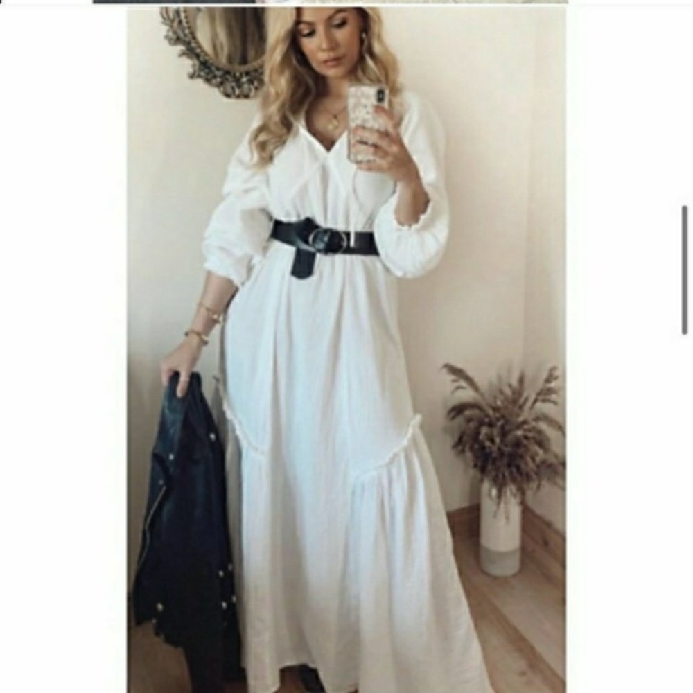 H&M Bloggers Favorite Cotton Kaftan White Maxi Long Sleeve Boho Dress Sz S